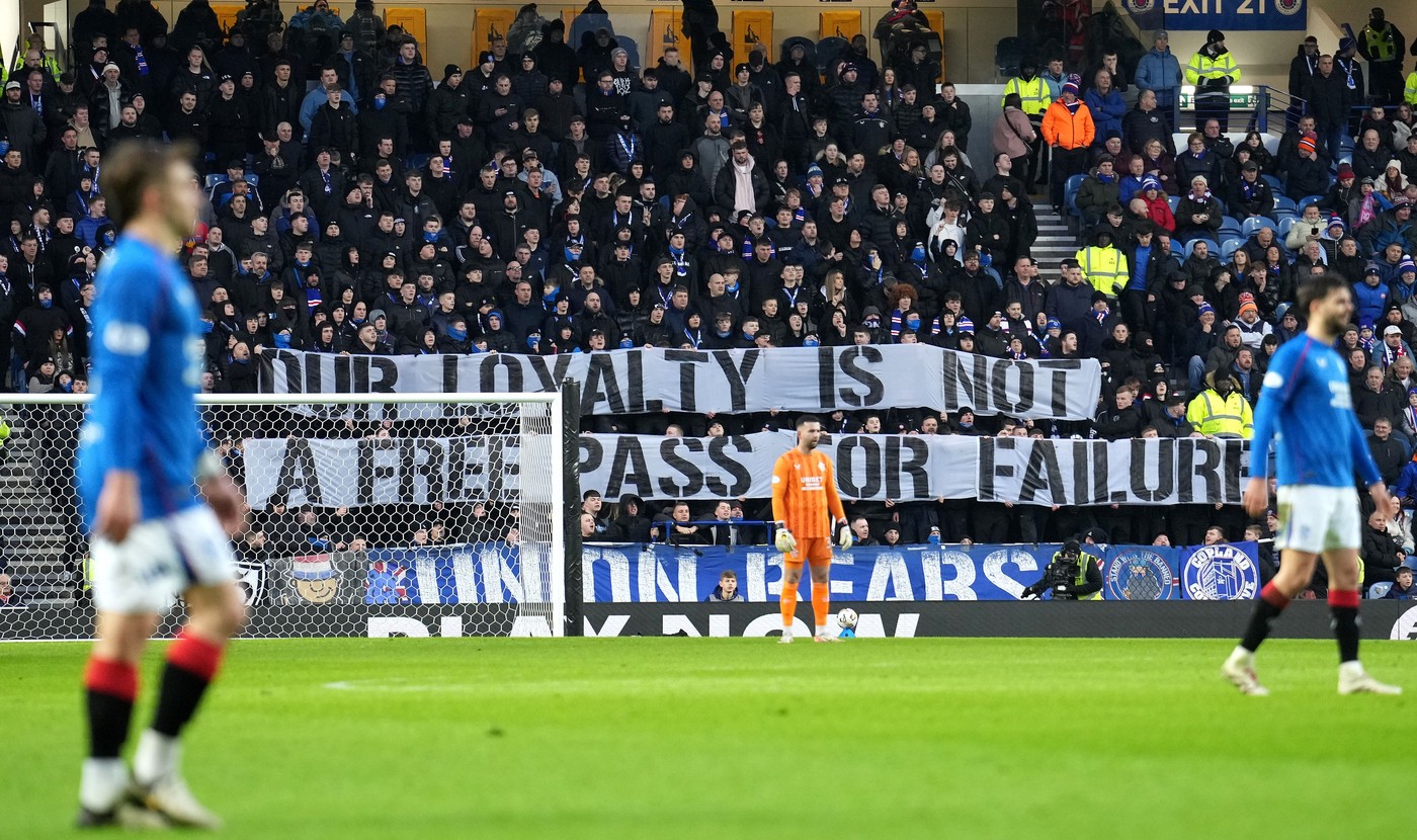 Rangers fans hold up a sign during the William Hill SPFL match between Rangers FC and St Johnstone FC at Ibrox Stadium, on 12th January 2025 in Glasgow, Scotland. (Picture by Mark Runnacles)
Rangers v St Johnstone, William Hill Premiership, Football, Ibrox Stadium, Glasgow, Scotland, UK - 12 Jan 2025,Image: 953177707, License: Rights-managed, Restrictions: EDITORIAL USE ONLY No use with unauthorised audio, video, data, fixture lists, club/league logos or 