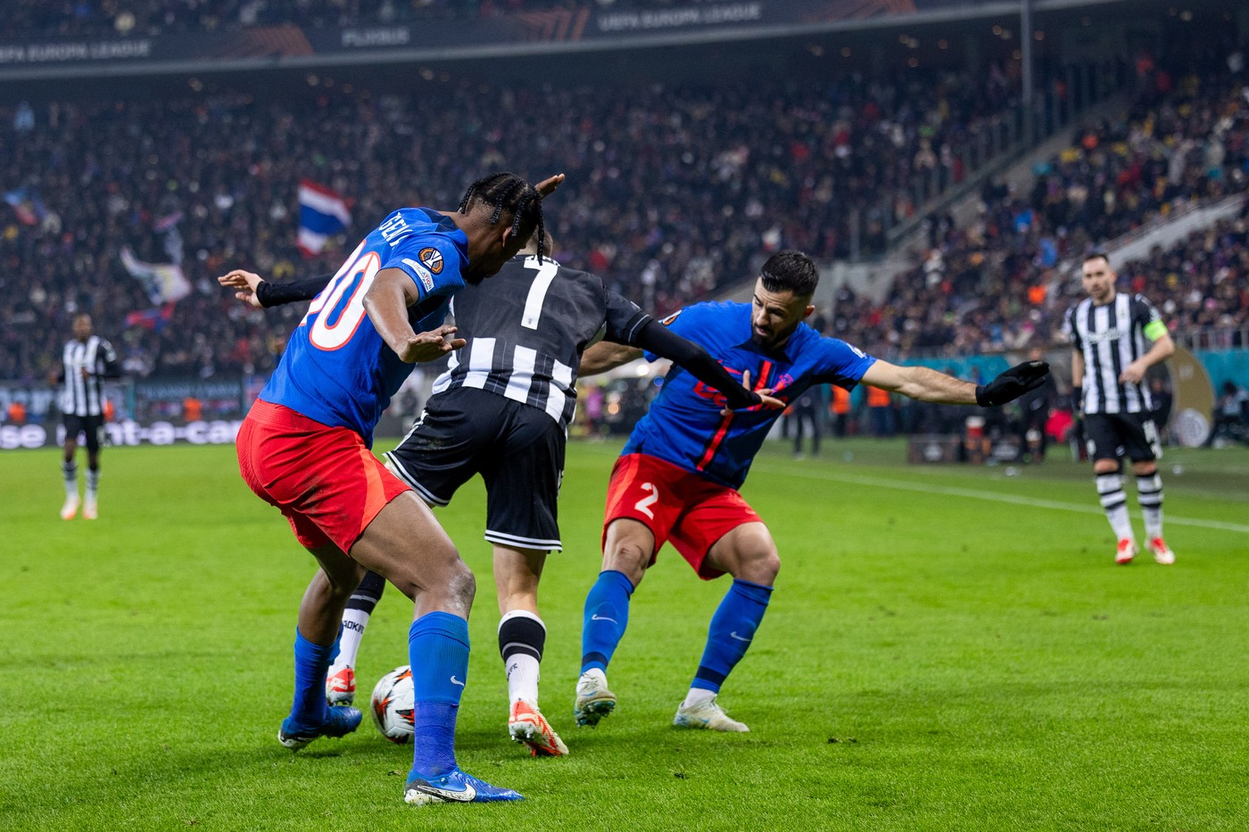 Giannis Konstantelias of PAOK FC, Valentin Cretu of FCSB and Siyabonga Ngezana of FCSB fighting for the ball during the UEFA Europa League, League phase football match between FCBS and Manchester United on 30 January 2025 at National Arena in Bucharest, Romania - Photo Mihnea Tatu / Lightspeed Images / DPPI,Image: 966578039, License: Rights-managed, Restrictions: Hungary Out, Model Release: no