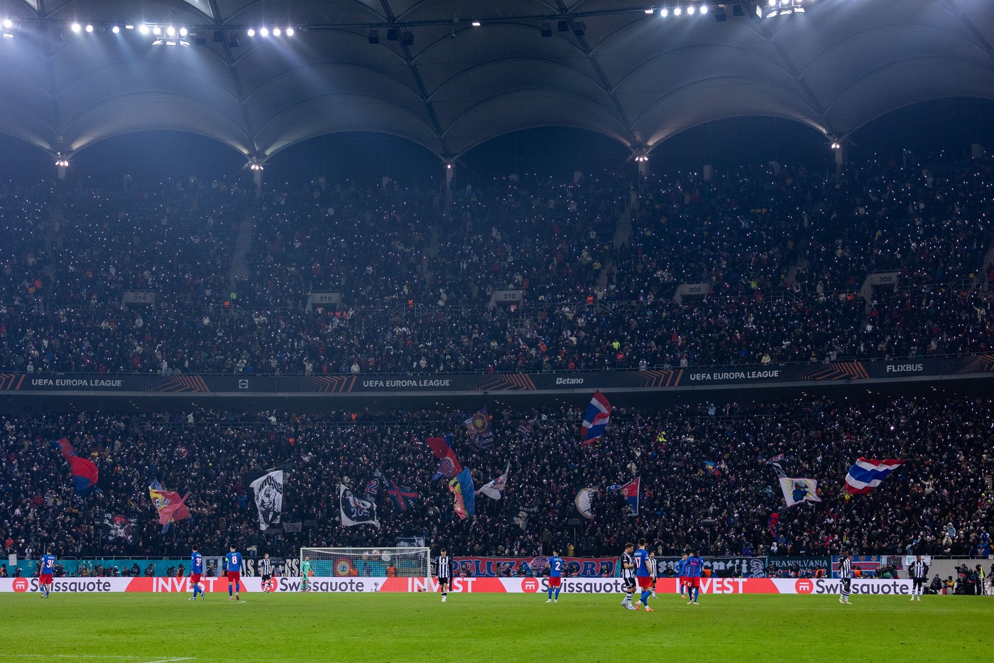 FCSB fans making a light show during the UEFA Europa League, League phase football match between FCBS and Manchester United on 30 January 2025 at National Arena in Bucharest, Romania - Photo Mihnea Tatu / Lightspeed Images / DPPI,Image: 966578050, License: Rights-managed, Restrictions: Hungary Out, Model Release: no