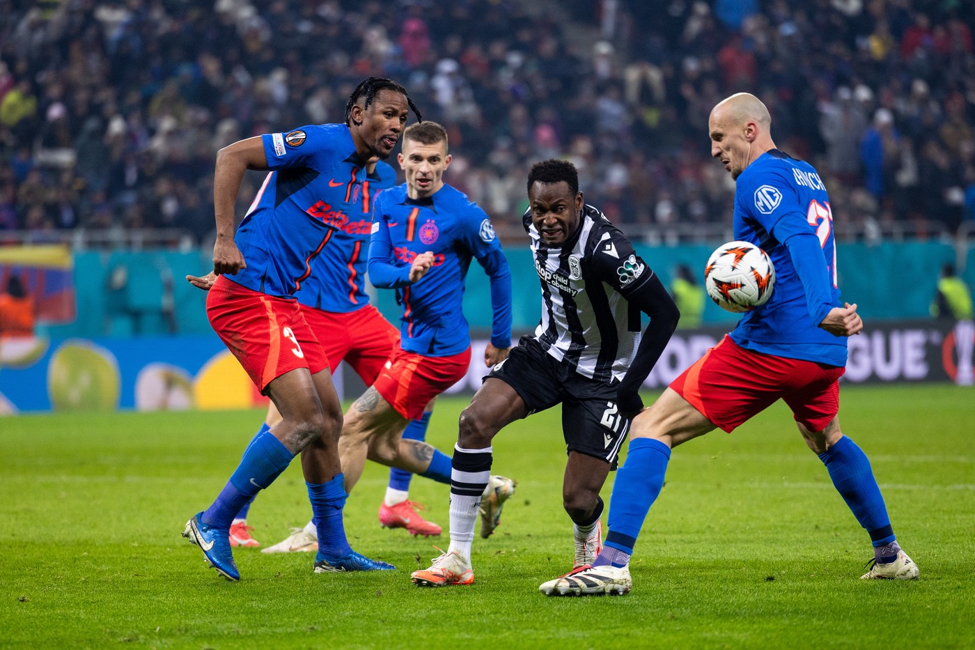 Abdul Rahman Baba of PAOK FC, Siyabonga Ngezana of FCSB and Vlad Chiriches of FCSB in action during the UEFA Europa League, League phase football match between FCBS and Manchester United on 30 January 2025 at National Arena in Bucharest, Romania - Photo Mihnea Tatu / Lightspeed Images / DPPI,Image: 966578051, License: Rights-managed, Restrictions: Hungary Out, Model Release: no