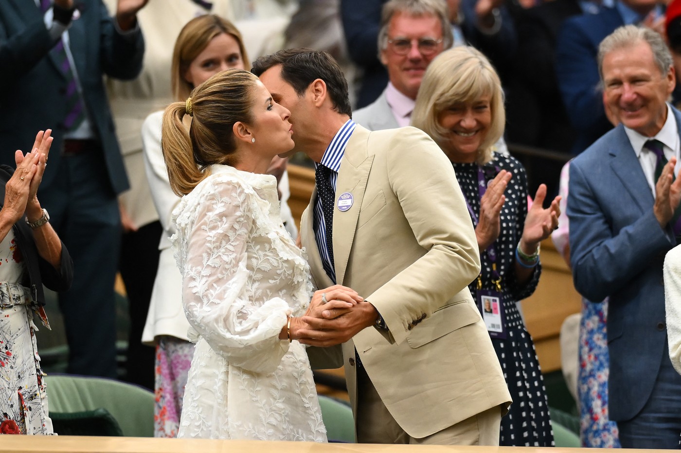 Former tennis champion Roger Federer (SUI) attends the Center court, with his wife and HRH The Princess of Wales at the 2023 Wimbledon Championships at the AELTC in London, UK, on July 4, 2023.,Image: 787239986, License: Rights-managed, Restrictions: , Model Release: no