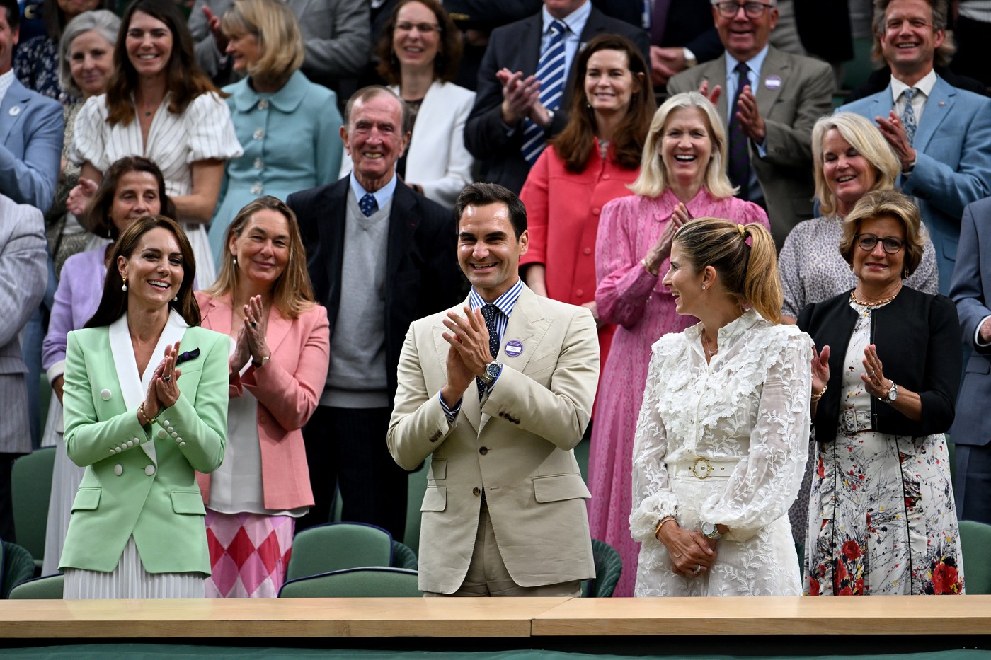 LONDON, ENGLAND - JULY 04: Catherine, Princess of Wales, former Wimbledon Champion, Roger Federer of Switzerland and his wife Mirka Federer react from the Royal Box following the Men's Singles first round match between Andy Murray of Great Britain and Ryan Peniston of Great Britain during day two of The Championships Wimbledon 2023 at All England Lawn Tennis and Croquet Club on July 04, 2023 in London, England. Stringer / Anadolu Agency,Image: 787303530, License: Rights-managed, Restrictions: , Model Release: no